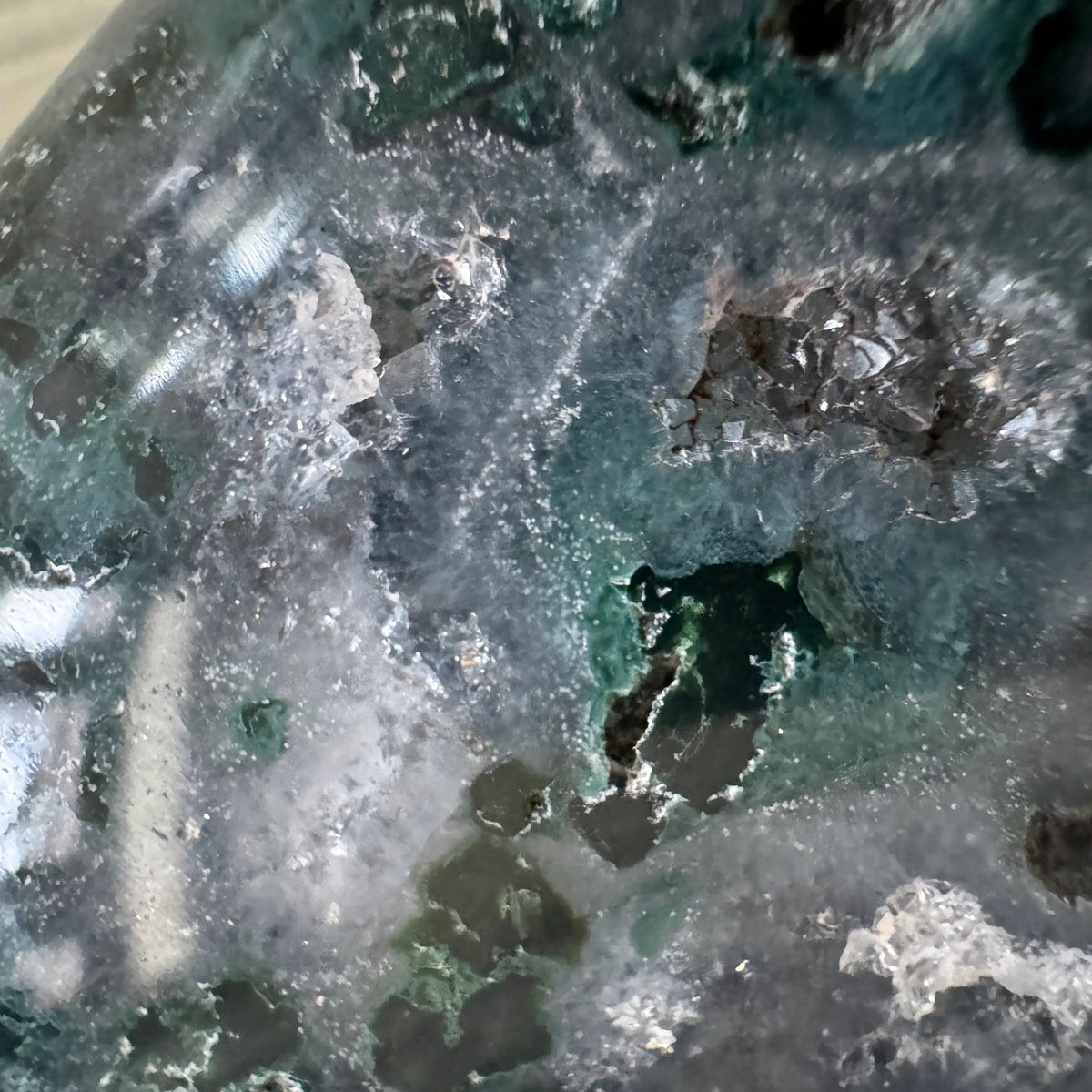 Ocean Jasper freeform crystal close-up with green and gray inclusions