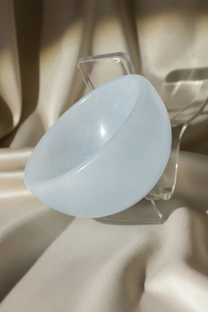 side view white chatoyant selenite petite bowl