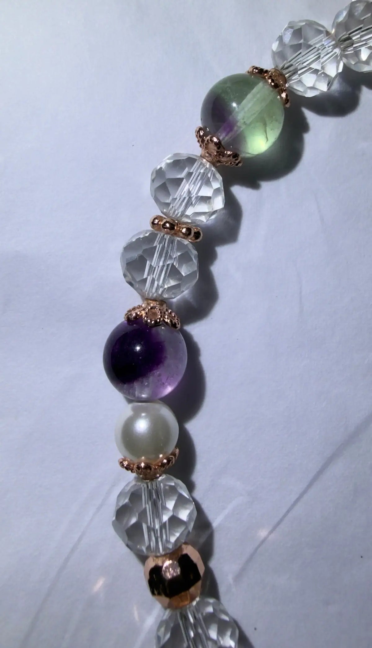 Fluorite and clear quartz phone wristlet charm with pearl accents