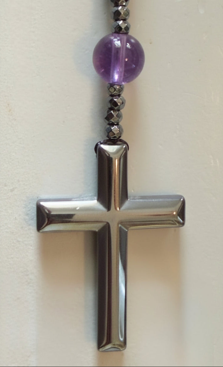 Hematite Cross on an amethyst rosary