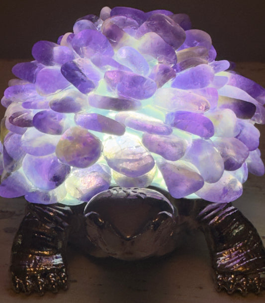 Genuine Amethyst Cluster Turtle Lamp Purple Color Adorable Face and feet