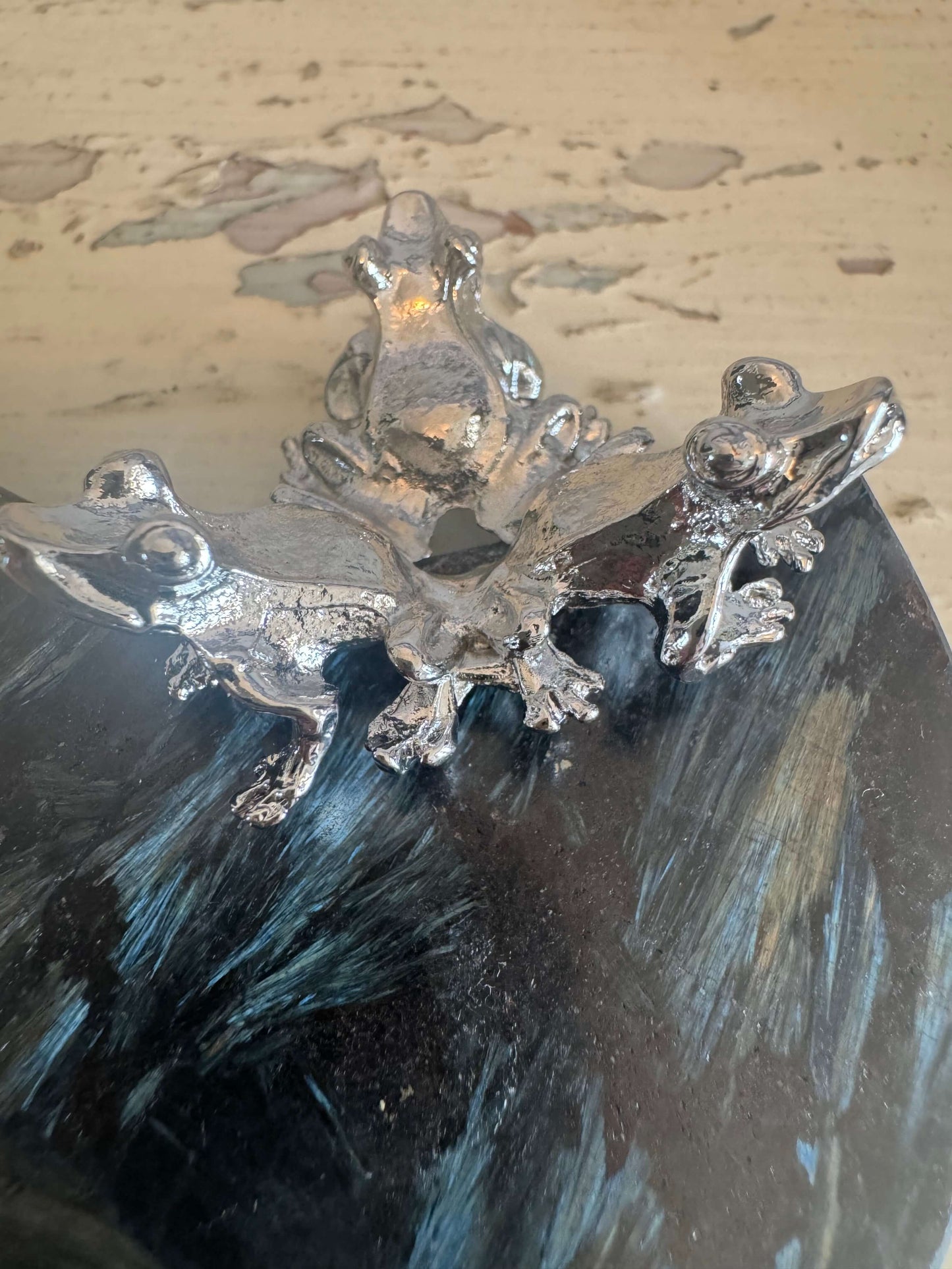 Arfvedsonite mineral set with Black Obsidian frog display