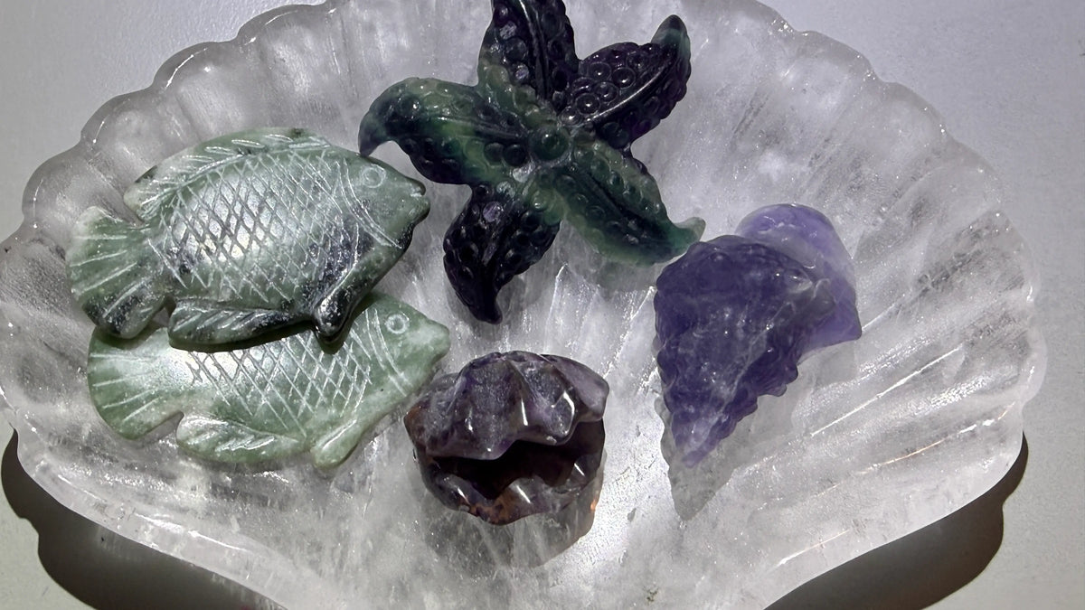 Clear Quartz Shell Bowl with Fluorite Shells and Serpentine Fish Set