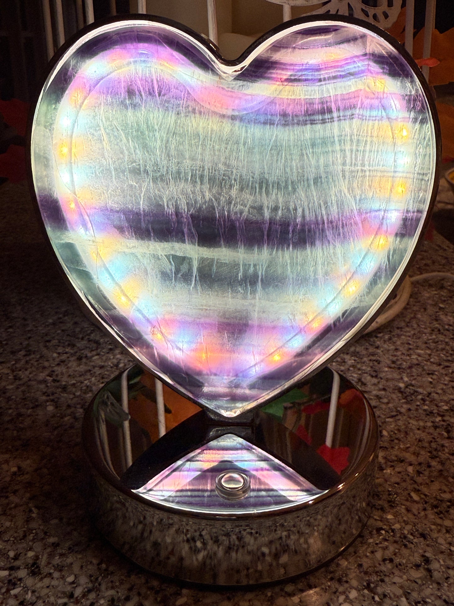 Natural Fluorite Mineral LED Light 3 light settings High Quality Fluorite matching slabs encase the LED light fixture