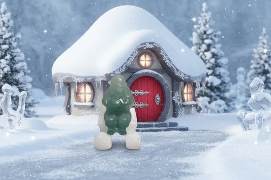 Green jade figure on a white base with a blurred background