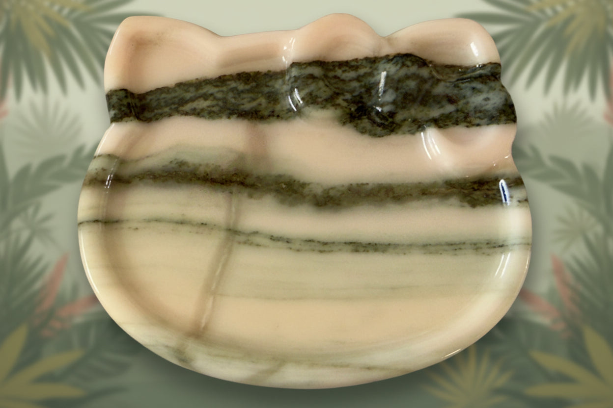 Zebra Onyx Hello Kitty Shaped Carved Trinket Bowl Close Up