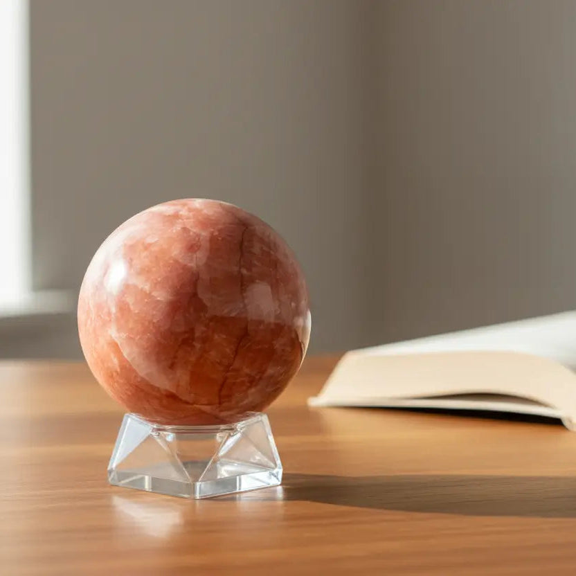 orange calcite sphere bands of dark orange and white, on a stand and a wood table with an open book