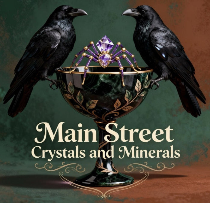 Two crows perched on a decorative cup with a crystal, against a green and brown gradient background. The text 'Main Street Crystals and Minerals' is displayed.