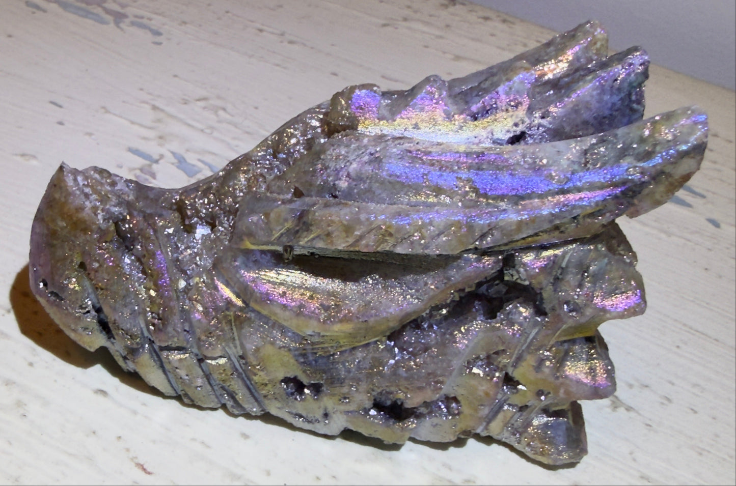 stunning side view of rainbow aura dragon skull druzy pockets