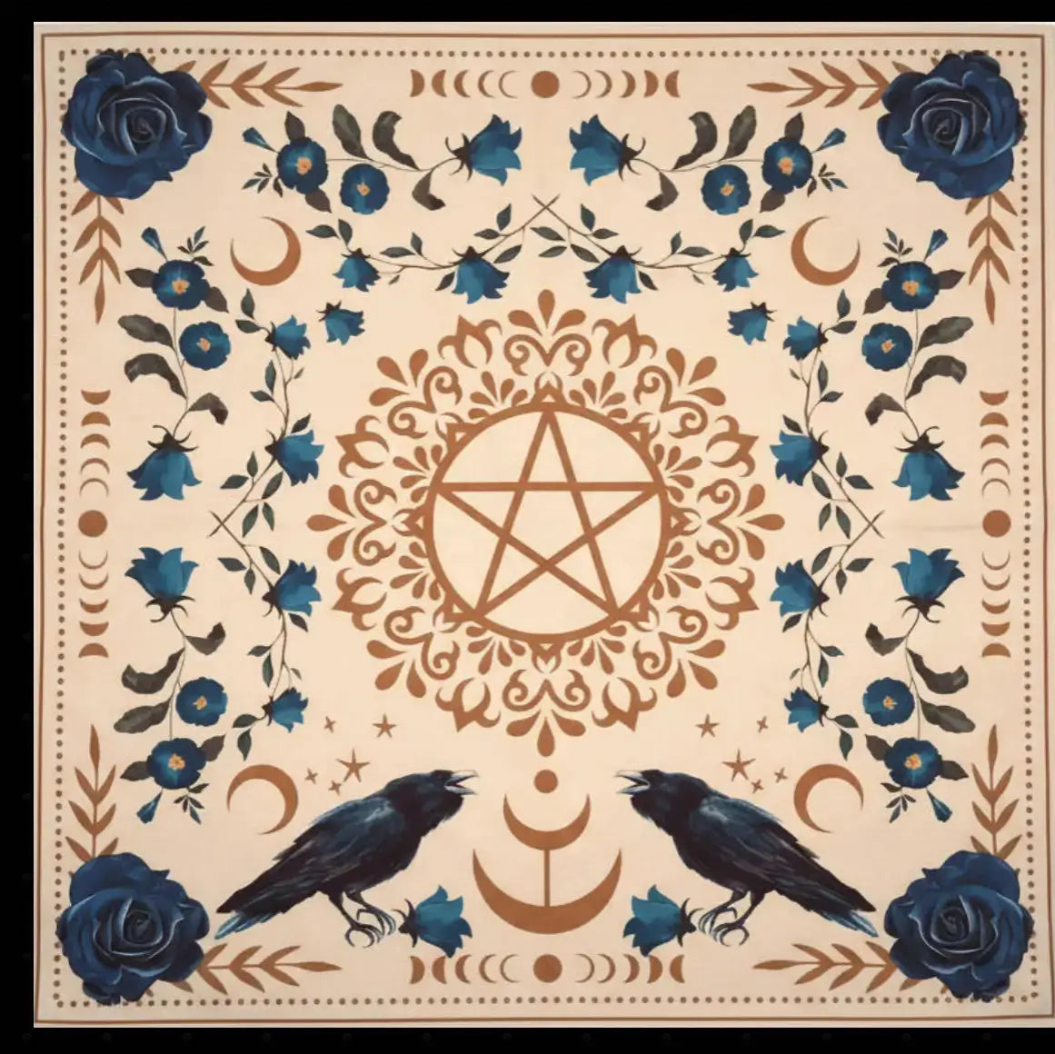 A square decorative print or textile design featuring a central pentagram surrounded by ornate scrollwork, blue roses, blue flowers, crescent moons, and two black crows on a warm cream background.