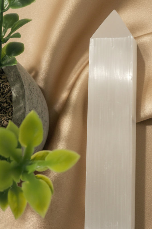 Satin Spar Selenite tower side view