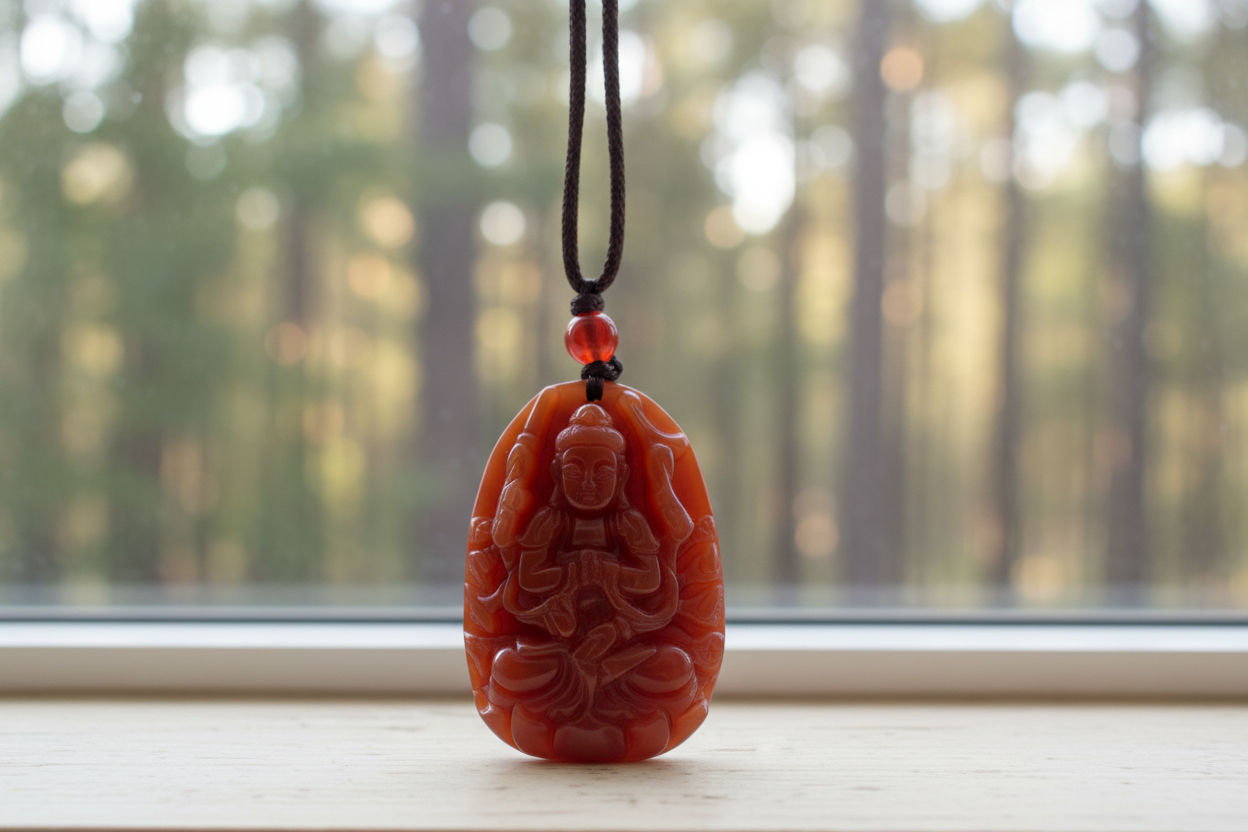 Carved stone pendant of a seated figure on a beige background