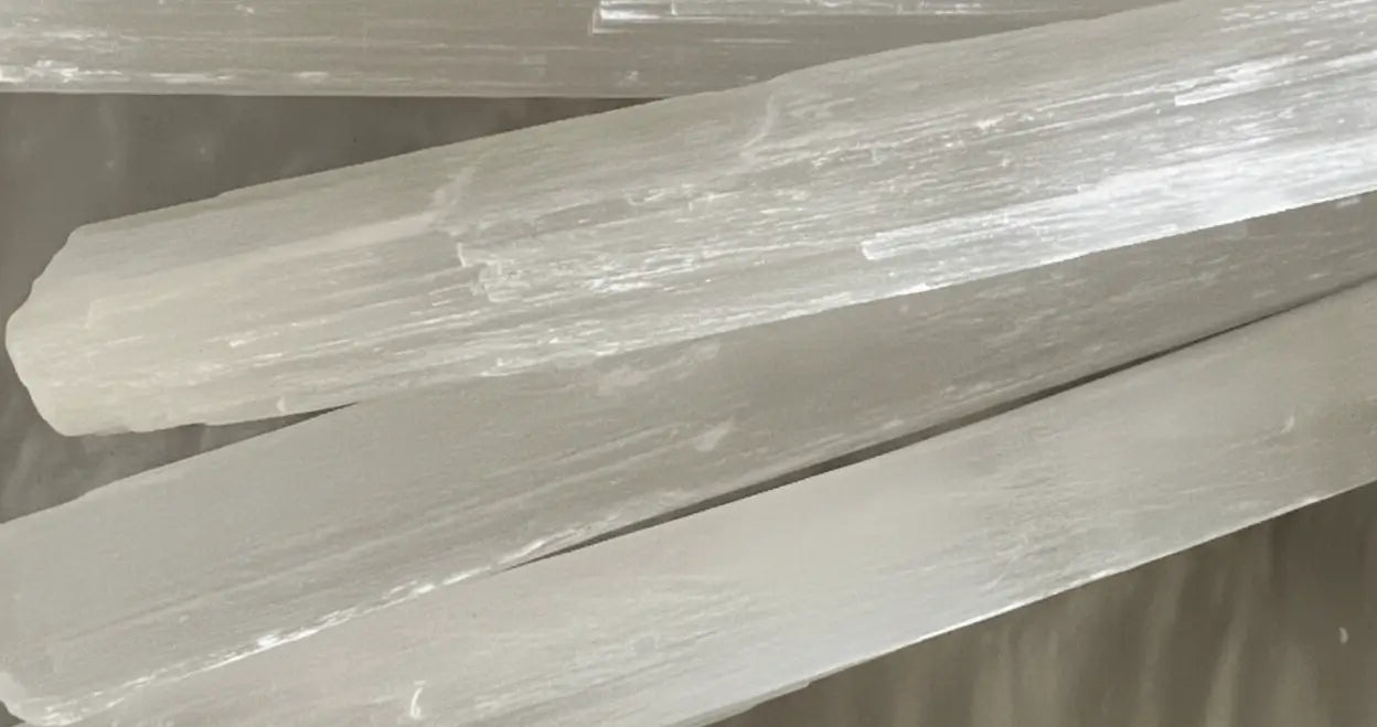 close up of natural selenite sticks