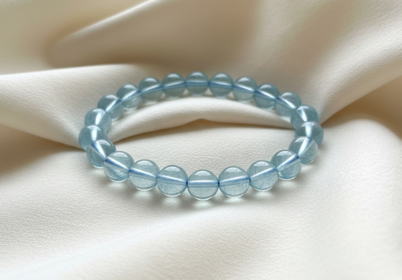 Aquamarine Bracelet, Calm Communication, Throat and Heart Chakras, 10 mm beads, Wt 0.75 oz