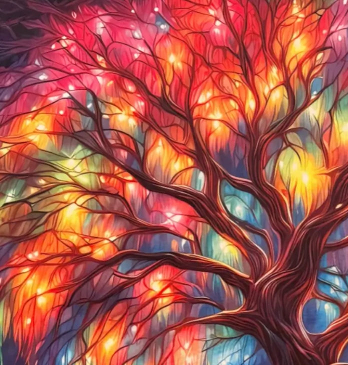 product photo altar cloth with bright red, oranges, yellows and erth tones within the tree