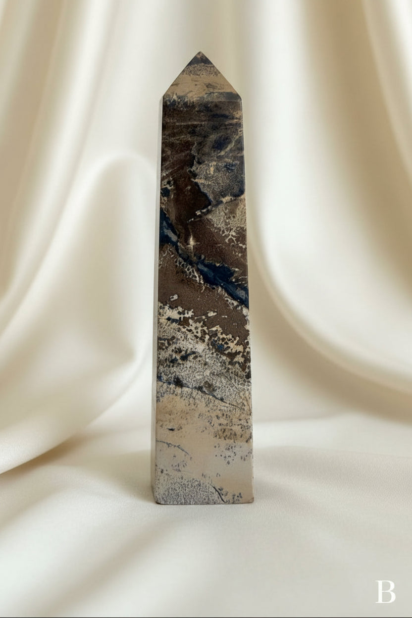 Side view of picture jasper tower b showing earth tones browns, beige, cream colors banding and dendritic inclusions