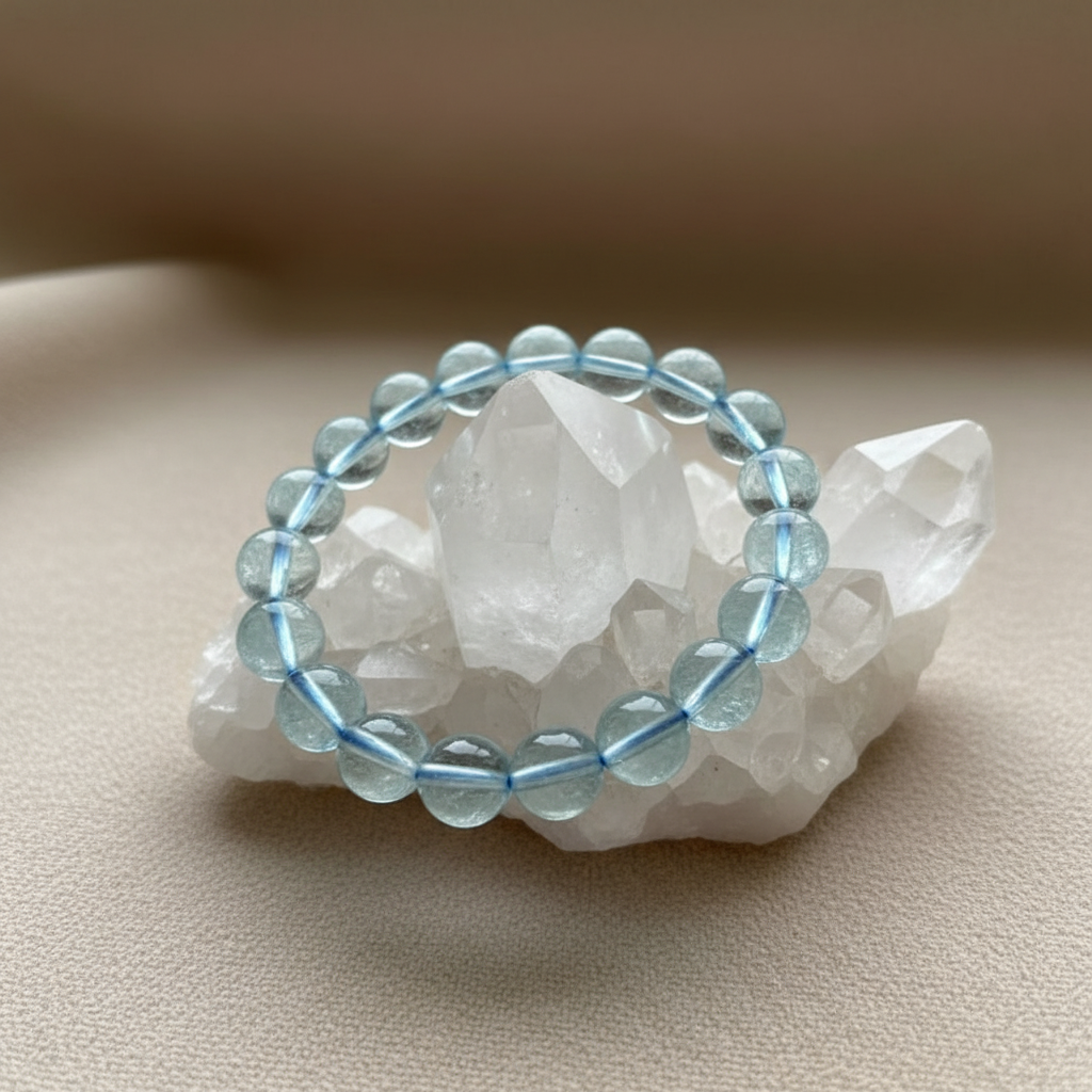 A beaded stretch bracelet made of light blue round glass beads, displayed on a white crystal cluster against a soft beige background.