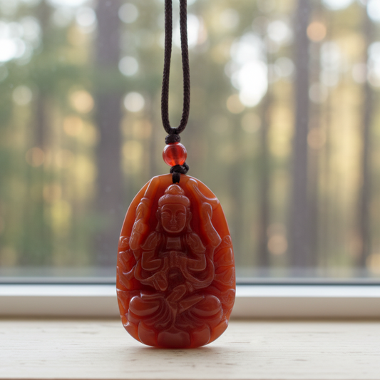 Carved stone pendant of a seated figure on a beige background
