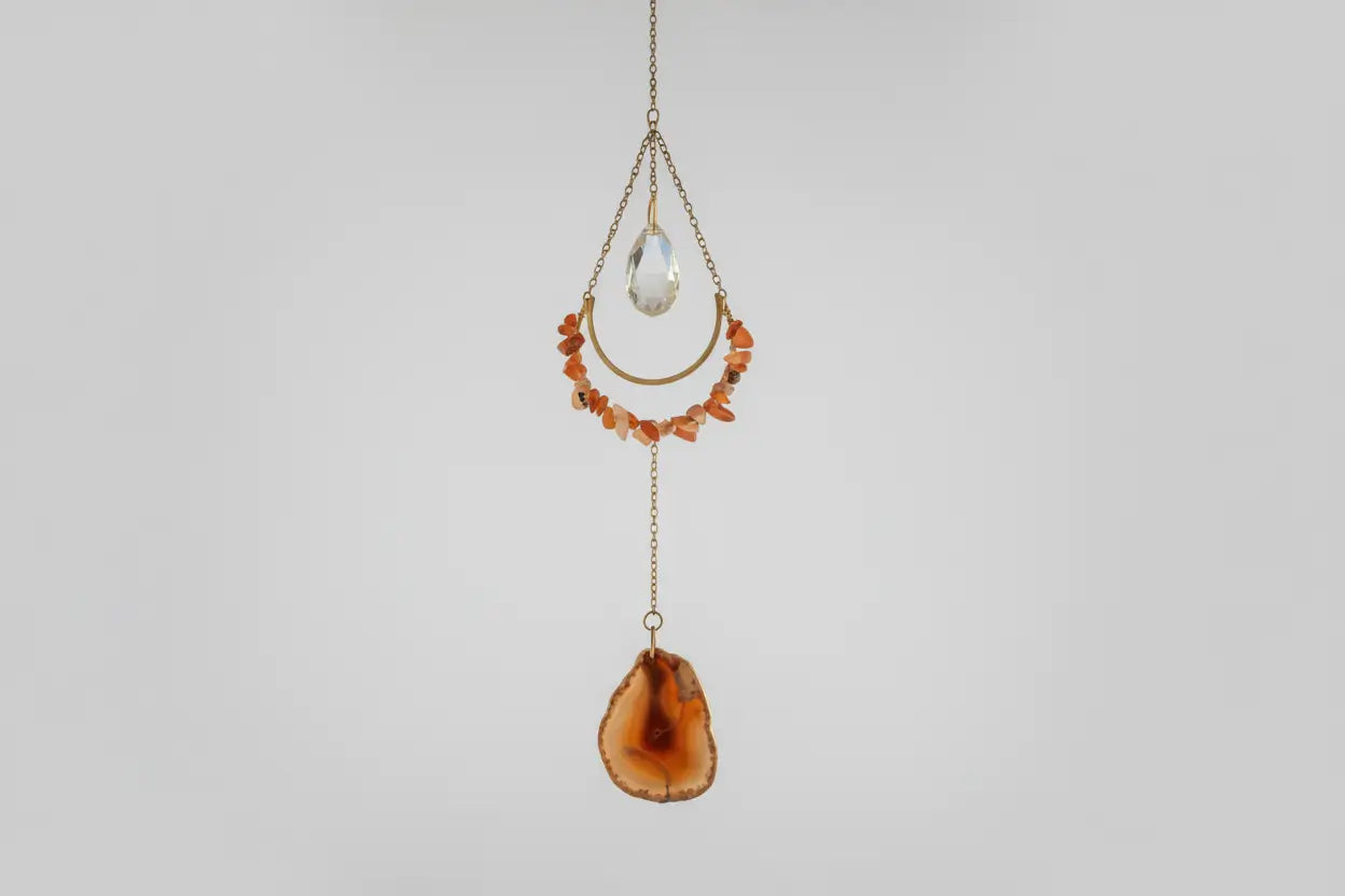 Red Carnelian crystal suncatcher with hanging bead accents