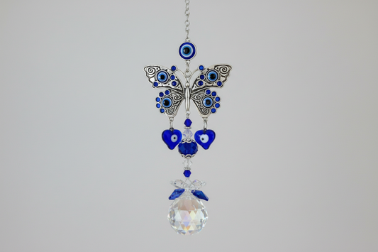Blue Evil Eye Butterfly Crystal Suncatcher with Protective Energy, 14.2 in Hanging Decor
