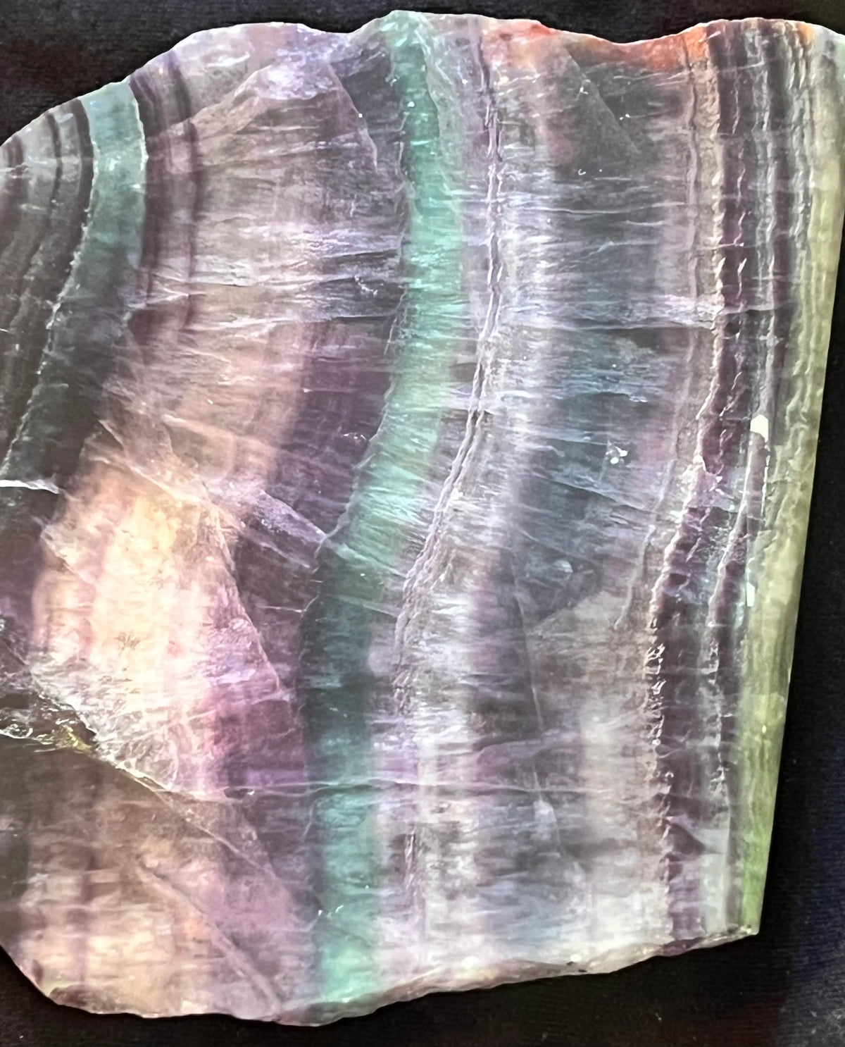 Close-up of a multicolored fluorite slab.