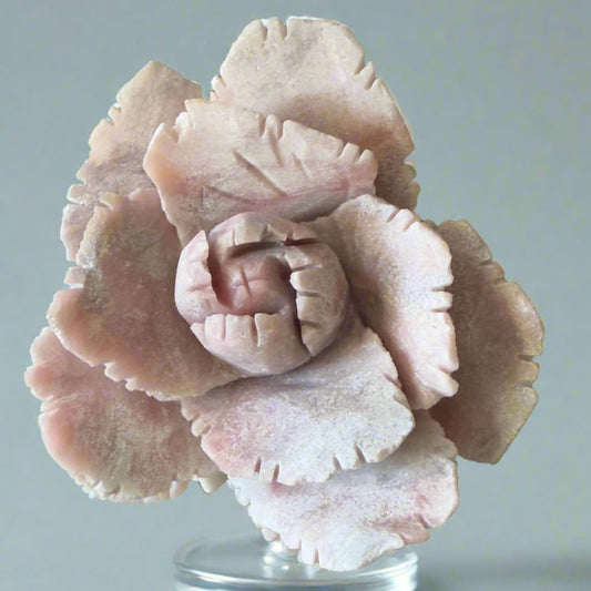Pink Opal Peony Blossom carved crystal flower sculpture