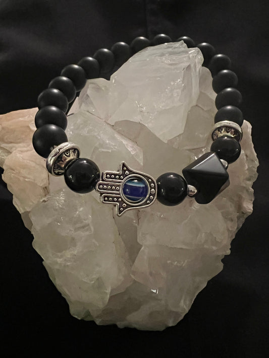 Black Obsidia Bracelet with Black Obsidian and Hamsa Charm - Main Street Crystals & Minerals