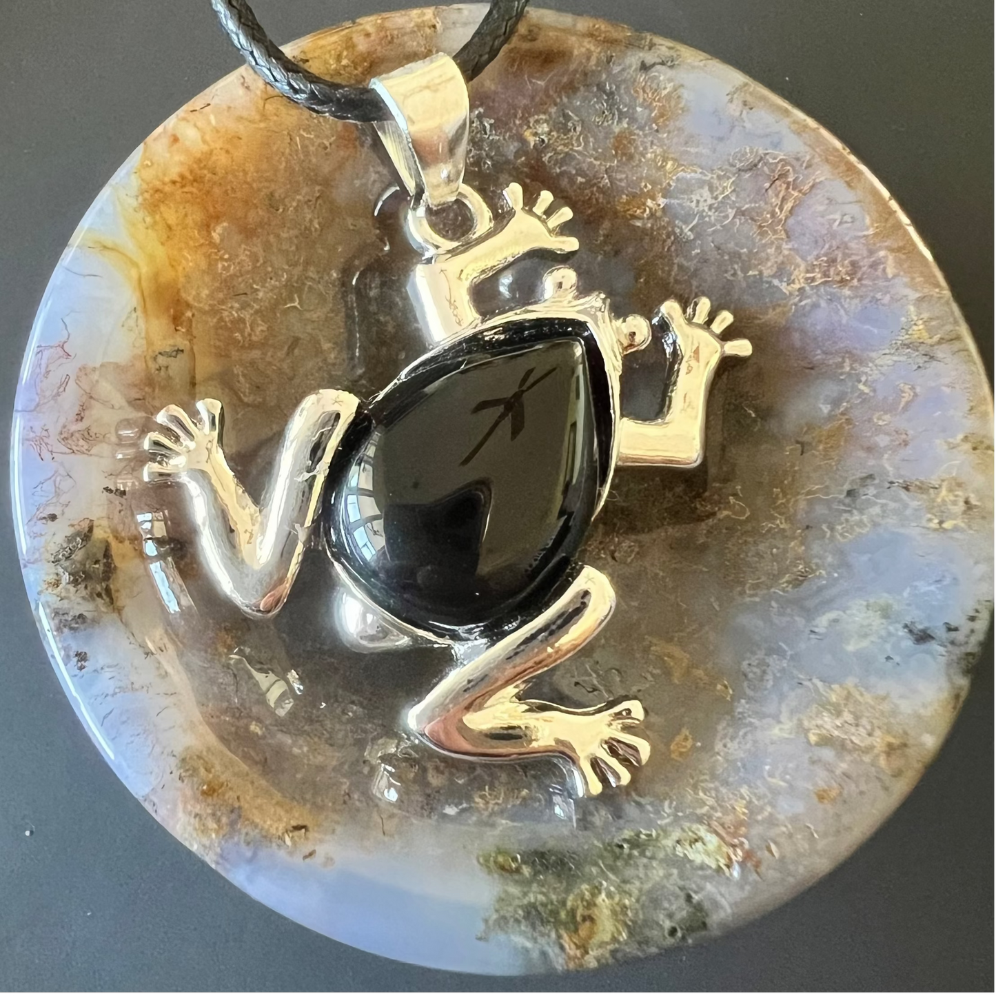 Black Obsidian frog pendant necklace with carved stone frog
