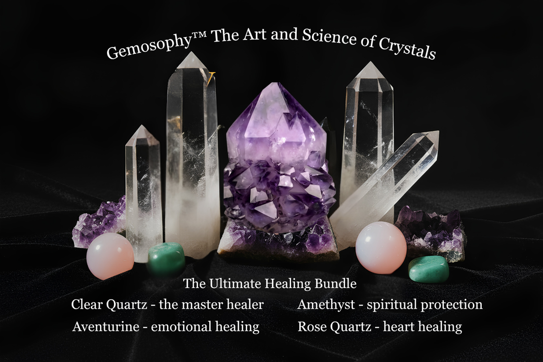 Gemosophy™ The Art and Science of Crystals — healing crystal bundle featuring clear quartz, amethyst, aventurine and rose quartz