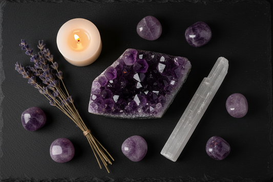 a moody, earthy-luxury flat lay with an amethyst cluster, tumbled stones, selenite, dried lavender, and candlelight on dark slate.