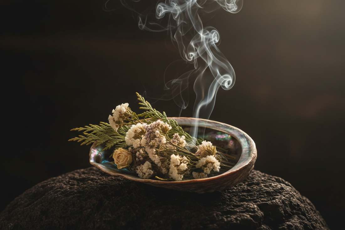shell filled with cedar, herbs, cleansing with smoke 