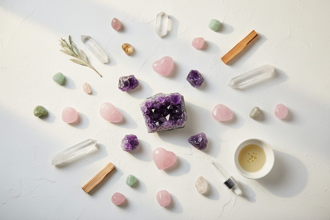 Assorted healing crystals including amethyst, rose quartz, and clear quartz on white surface