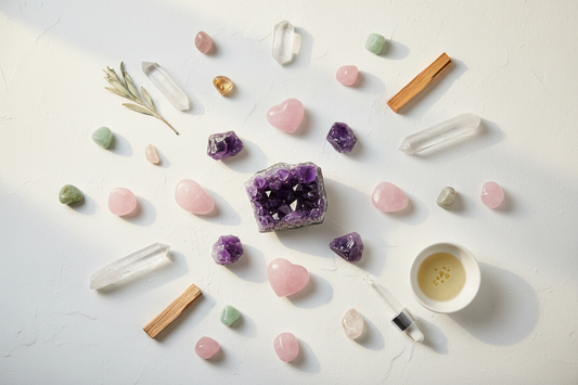Assorted healing crystals including amethyst, rose quartz, and clear quartz on white surface