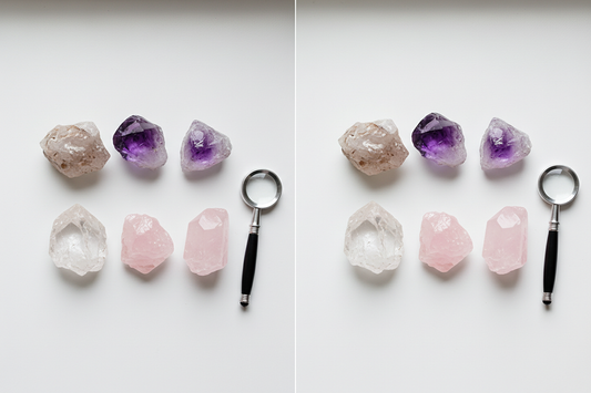 ide by side comparison of authentic and imitation crystals on a white surface with a jeweler's loupe nearby