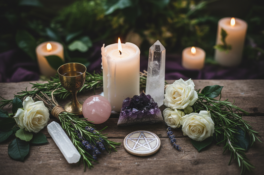 Celtic spiritual altar with amethyst, clear quartz, selenite, rose quartz, chalice, and candle on rustic wood