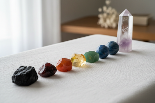 Crystal chakra stones arranged root to crown from black tourmaline to clear quartz on a white linen surface