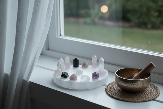 Crystals resting on a selenite charging plate beside a singing bowl and moonlit windowsill