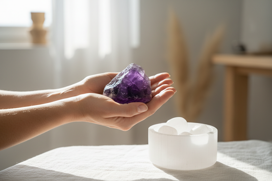 Hands holding an amethyst crystal in meditation pose with soft natural light and a selenite bowl nearby