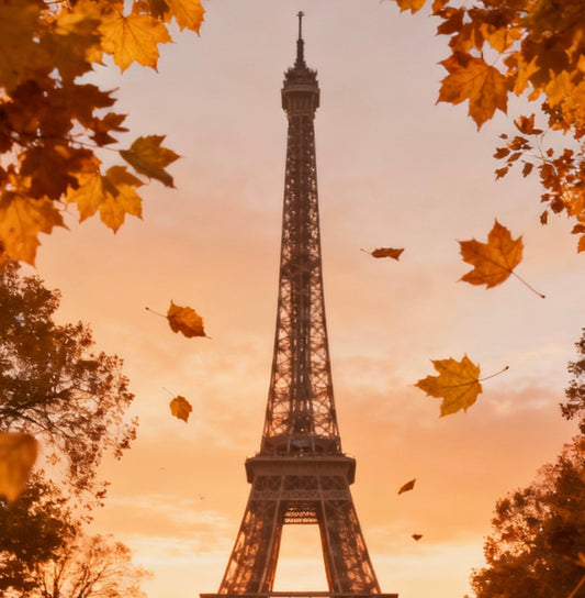 Paris in the Autumn Effel Tower bright orange leaves 