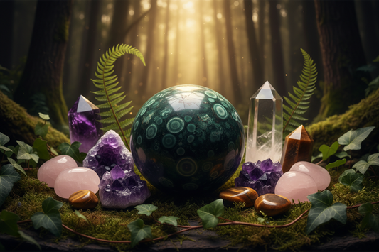 Kambaba Jasper as the centerpiece surrounded by Amethyst, Rose Quartz, Clear Quartz, and Tiger's Eye, with deep forest greens, botanical elements, and a mystical premium feel.