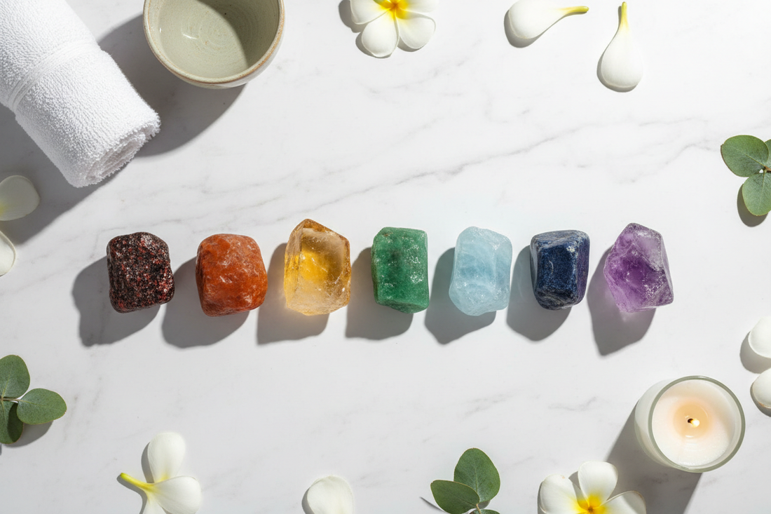 even chakra crystals arranged in a line from red to violet on a white surface representing the seven energy centers