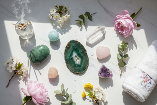 Seven spring renewal crystals including green aventurine, rose quartz, and clear quartz arranged on a white surface with fresh flo