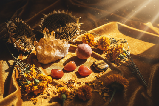 golden altar cloth flat lay with solar crystals & sunflowers
