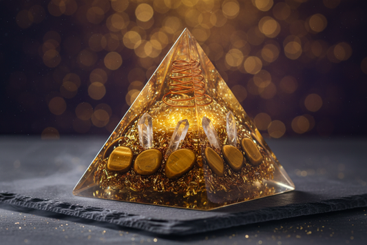 Orgonite pyramid with golden Tigers Eye crystals, copper coil, and metal shavings glowing with warm light — orgone energy healing tool