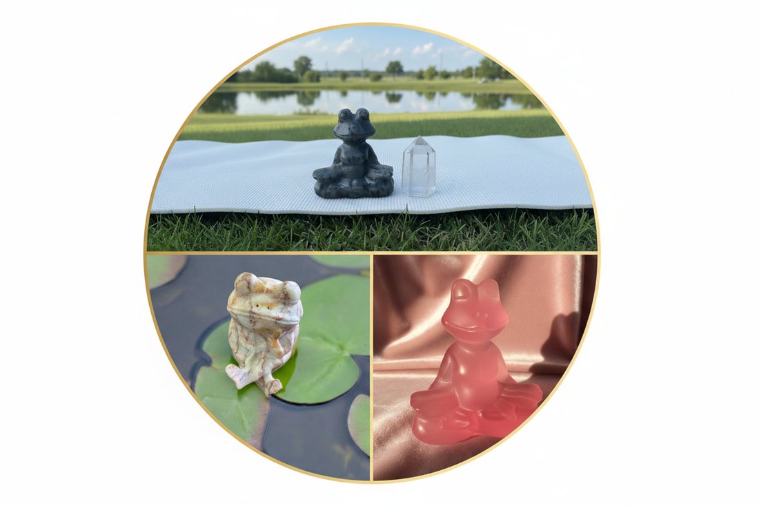 Three crystal yoga pose frogs in a circle collage — Larvikite frog on a yoga mat with Clear Quartz tower, stone frog meditating on a lily pad, and pink Chatoyant Selenite frog in yoga pose