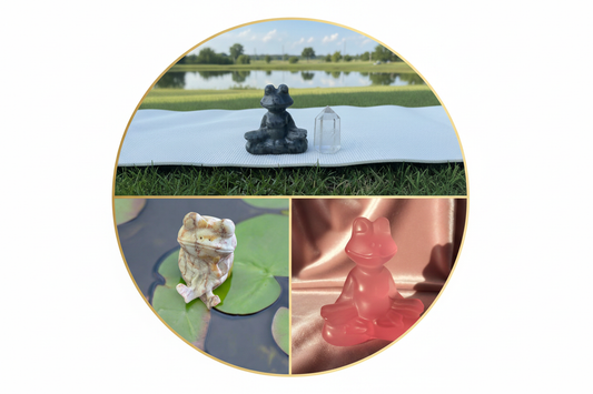 Three crystal yoga pose frogs in a circle collage — Larvikite frog on a yoga mat with Clear Quartz tower, stone frog meditating on a lily pad, and pink Chatoyant Selenite frog in yoga pose
