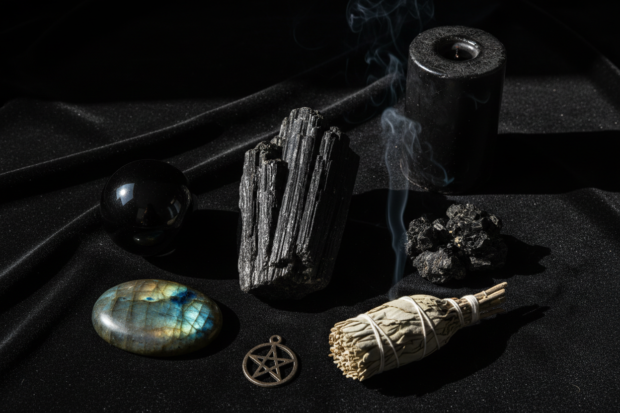 lack Tourmaline, Black Obsidian, Labradorite and Shungite protection crystals on dark velvet with black candle and sage bundle for energetic shielding and grounding