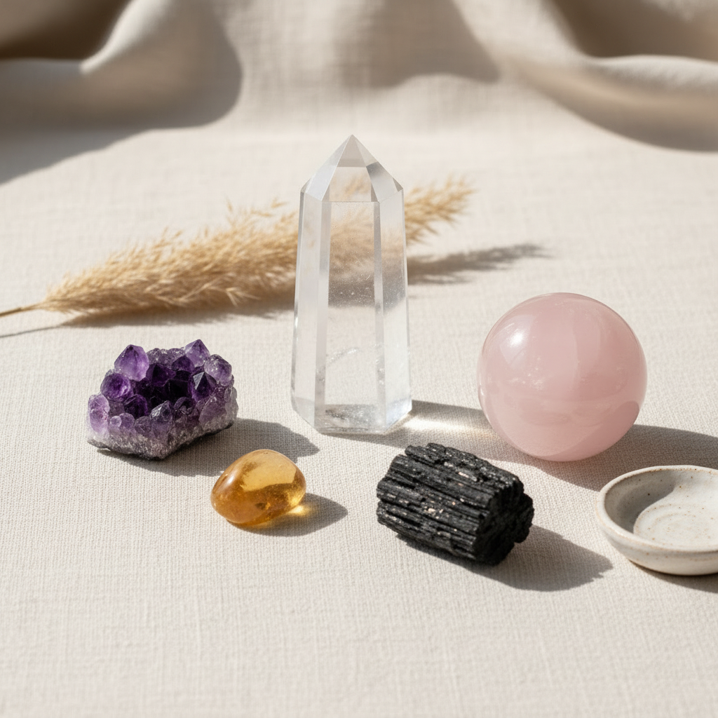 Five beginner crystals — Clear Quartz, Amethyst, Rose Quartz, Citrine, and Black Tourmaline — elegantly arranged on linen with dried botanicals and a ceramic dish.