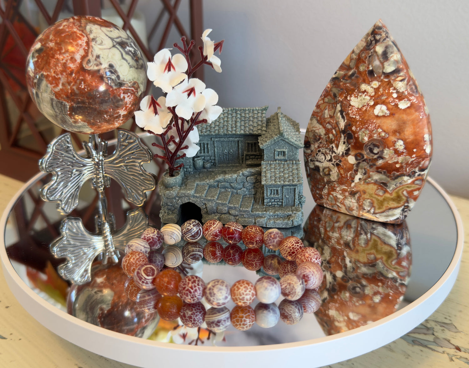 Vivid Orange, Gray and Cream Colors Money Agate, Free Form Sphere Sandstone Rustic Dwelling Silver Butterfly Sphere Stand Snakeskin Beaded Bracelet