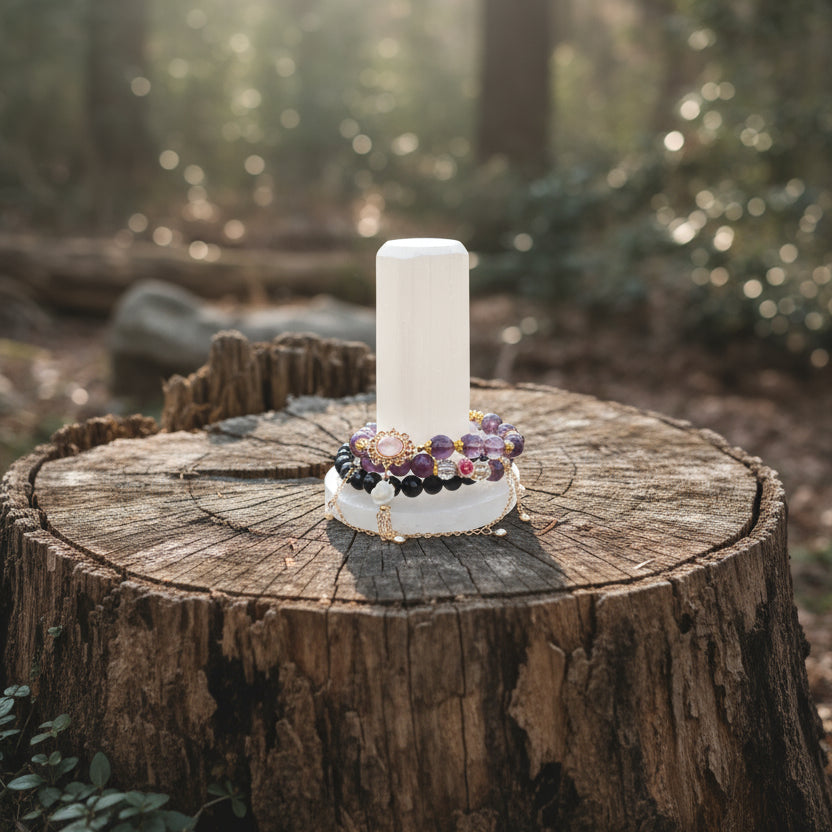 Selenite Bracelet Charger stand on a cut tree stump in a muted forest background